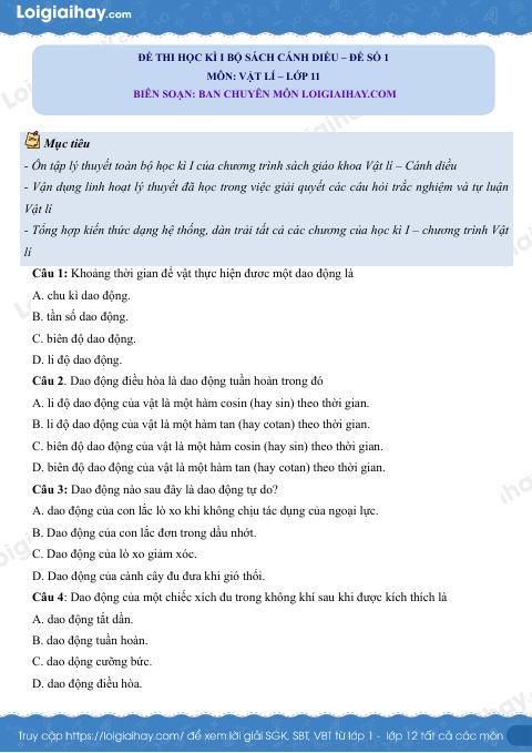 Đề thi học kì 1 Vật lí 11 Cánh diều - Đề số 1